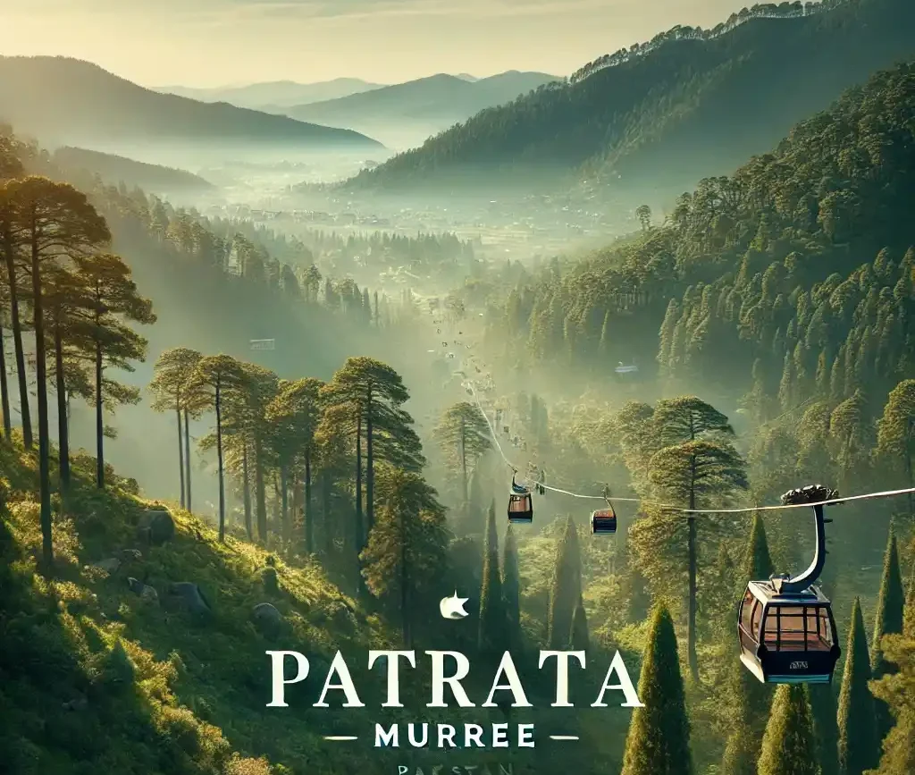 A scenic view of Patriata in Murree, Pakistan, showing lush green hills covered with pine forests and cable cars moving across the mountains.