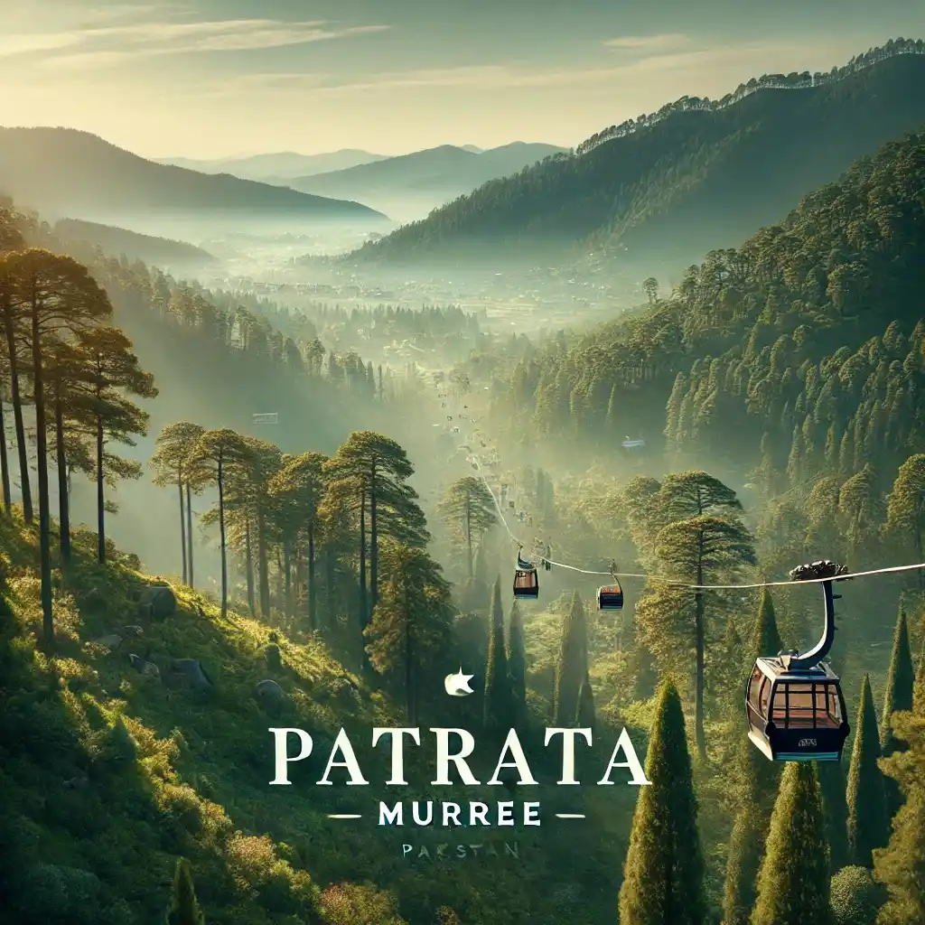 A scenic view of Patriata in Murree, Pakistan, showing lush green hills covered with pine forests and cable cars moving across the mountains.