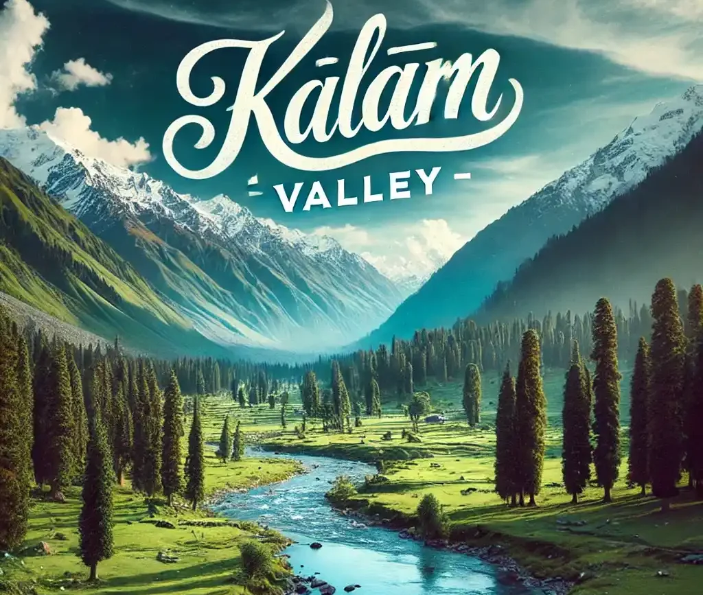 A stunning view of Kalam Valley in Pakistan, featuring lush green meadows, tall pine trees, and snow-capped mountains under a vibrant blue sky