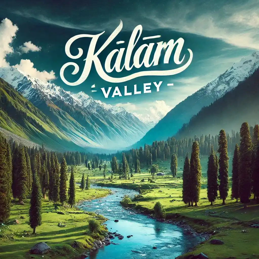 A stunning view of Kalam Valley in Pakistan, featuring lush green meadows, tall pine trees, and snow-capped mountains under a vibrant blue sky