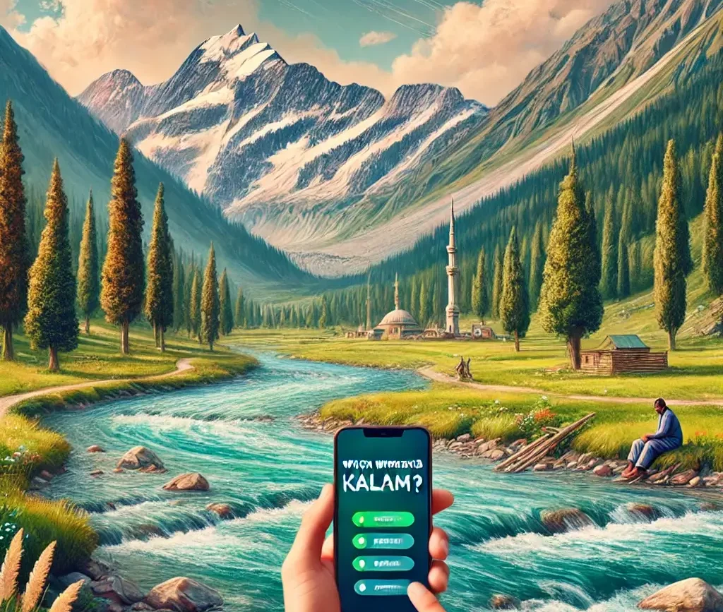 A beautiful depiction of Kalam Valley, Pakistan, with a lush green landscape, clear river streams, and mountains in the background. A person is seen