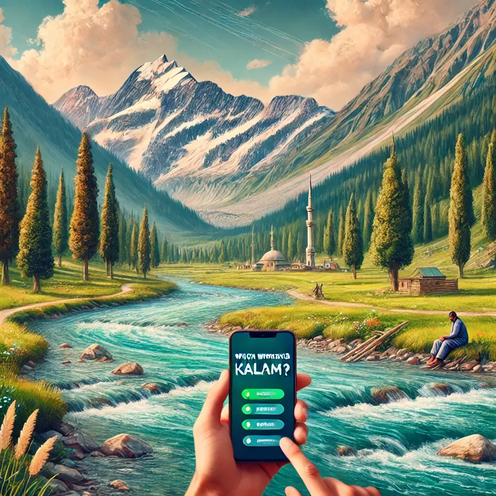 A beautiful depiction of Kalam Valley, Pakistan, with a lush green landscape, clear river streams, and mountains in the background. A person is seen