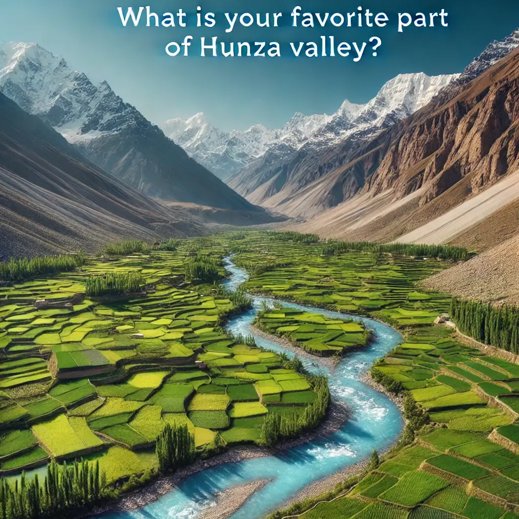 A breathtaking landscape of Hunza Valley, Pakistan, showcasing lush green terraces, crystal-clear rivers, and snow-capped mountains under a clear blue sky