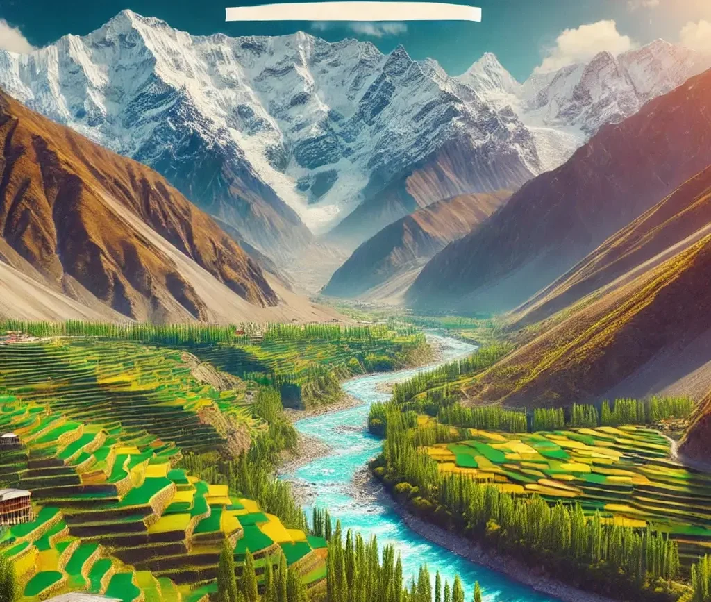 A breathtaking landscape of the Hunza Valley in northern Pakistan, featuring snow-capped peaks, lush green terraces, and a serene river flowing