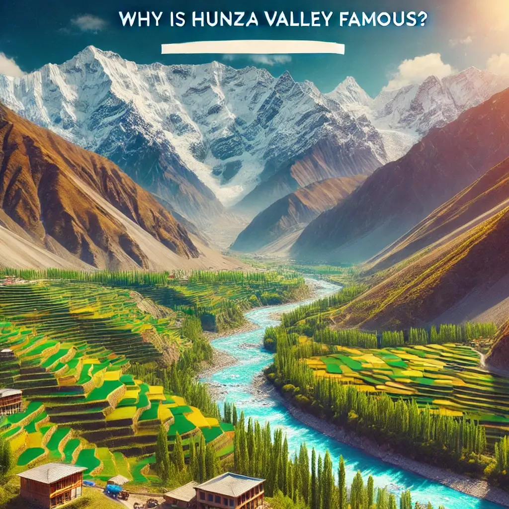 A breathtaking landscape of the Hunza Valley in northern Pakistan, featuring snow-capped peaks, lush green terraces, and a serene river flowing