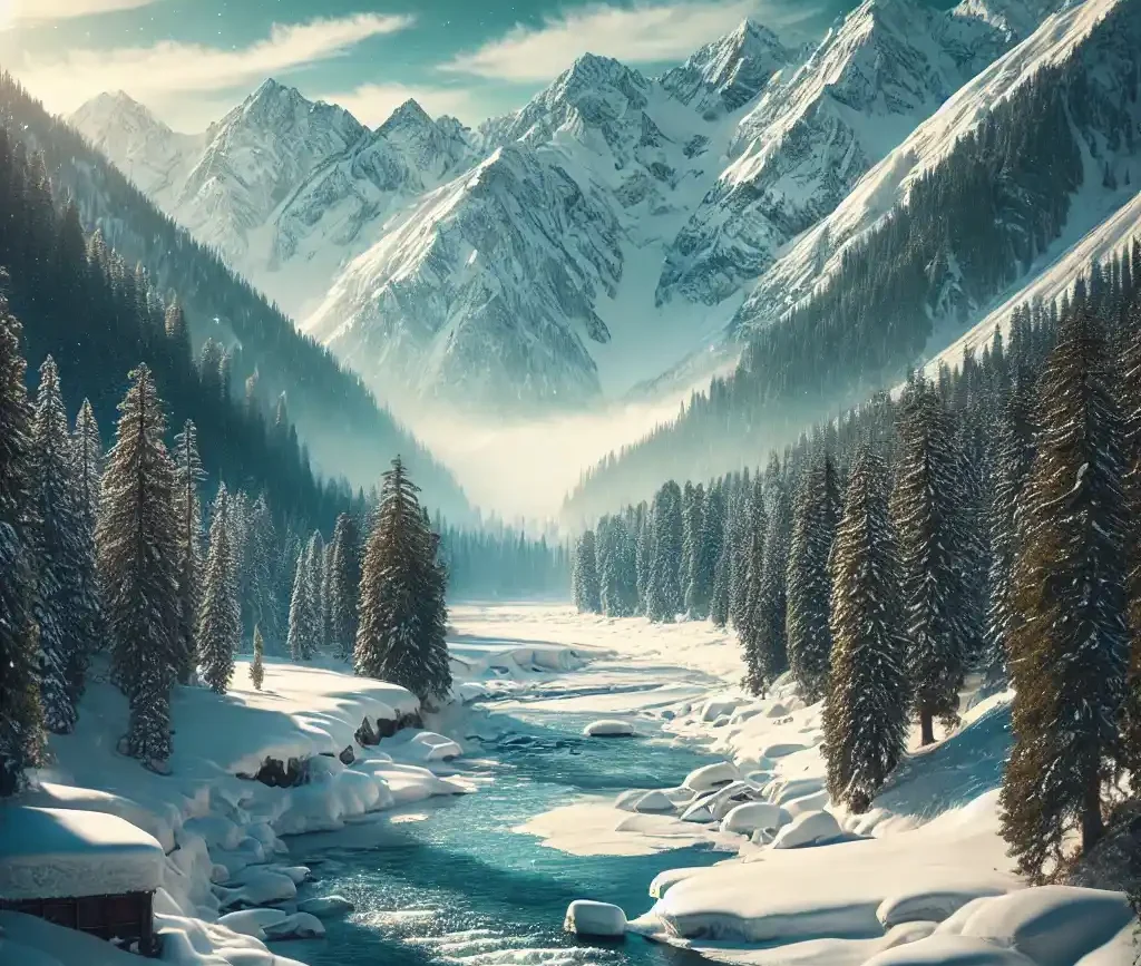 A breathtaking winter scene of Kumrat Valley in Pakistan, featuring snow-covered mountains, dense evergreen forests, and a serene frozen river