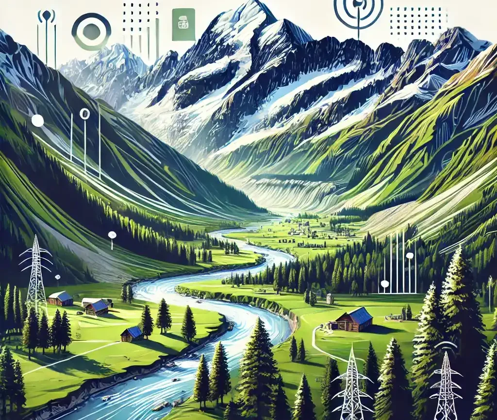 A highly refined and detailed digital illustration of Kumrat Valley, Pakistan, featuring vivid lush green forests, majestic snow-capped mountains