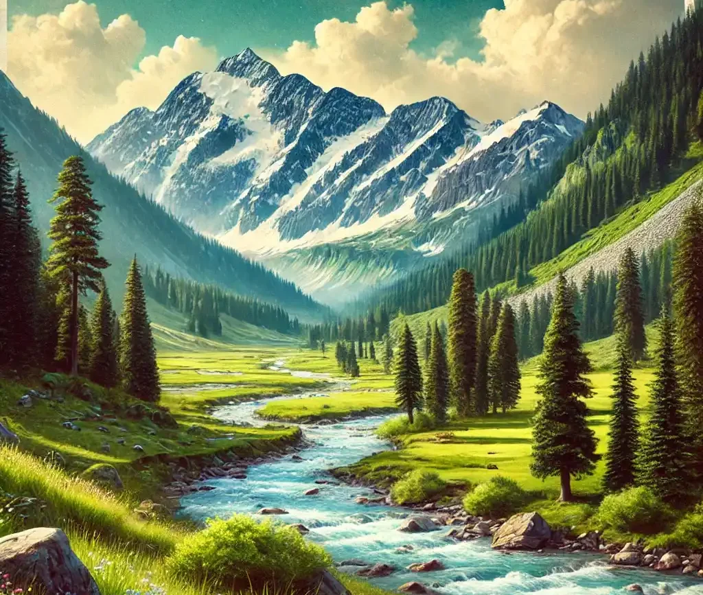 A picturesque depiction of Kumrat Valley, famous for its pristine beauty, located in Pakistan. The image shows a serene valley with a clear flowing