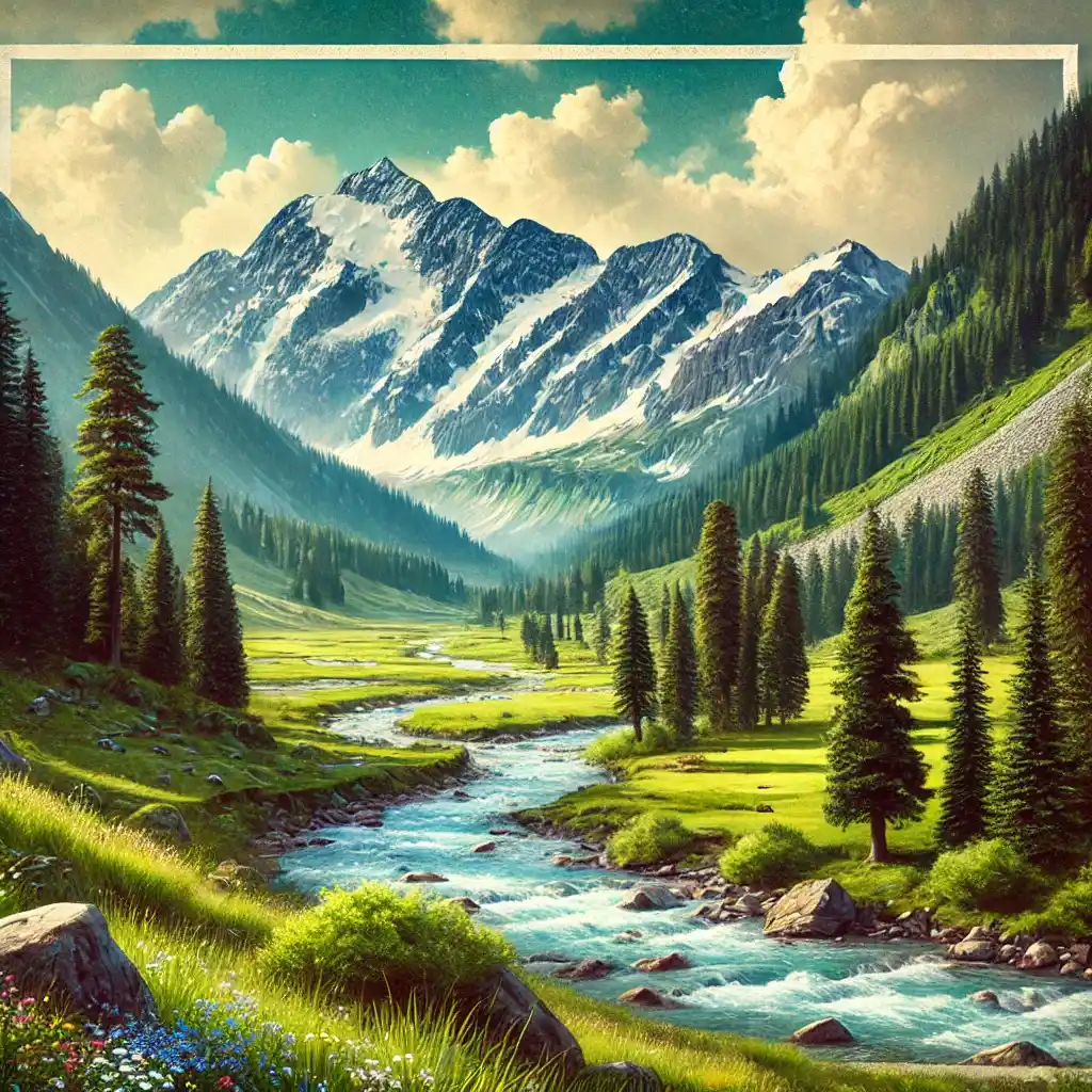 A picturesque depiction of Kumrat Valley, famous for its pristine beauty, located in Pakistan. The image shows a serene valley with a clear flowing