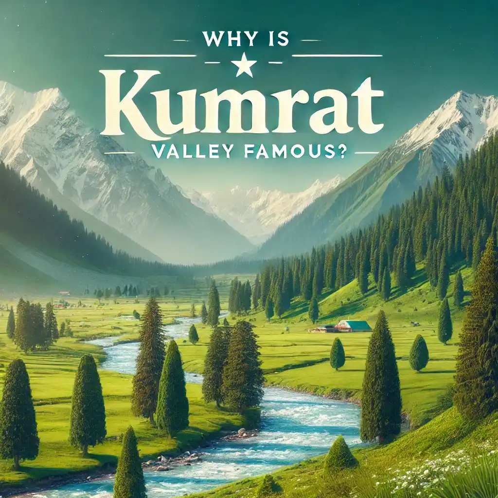 A picturesque view of Kumrat Valley in Pakistan, featuring lush green meadows, tall pine trees, a serene river flowing through the valley, and majestic Views