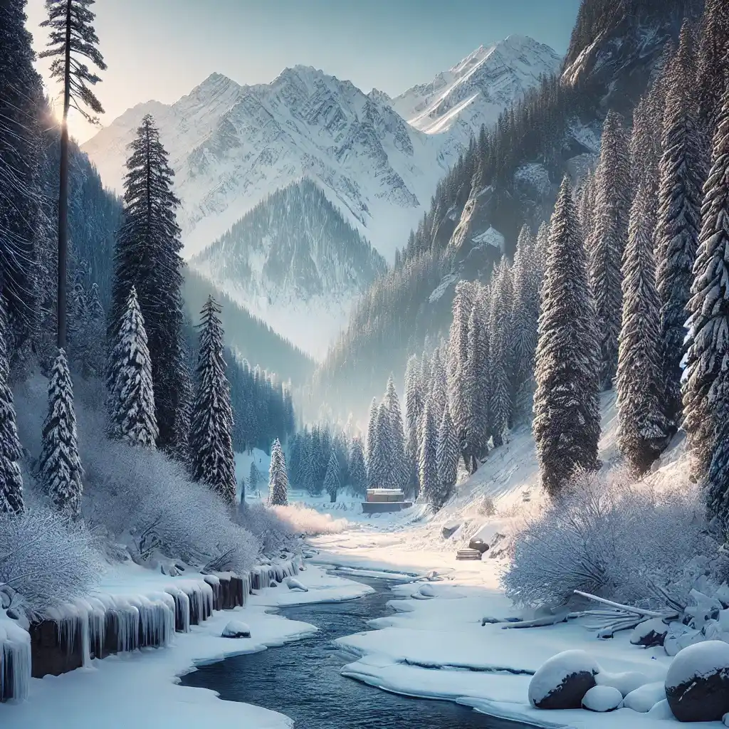 A picturesque view of Valley in winter, covered in a blanket of pristine white snow. The valley features towering, snow-capped mountains, dense.