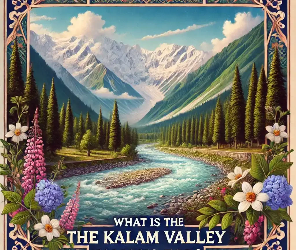 A scenic depiction of Kalam Valley, famous for its lush green landscapes, majestic mountains, and serene rivers in Pakistan