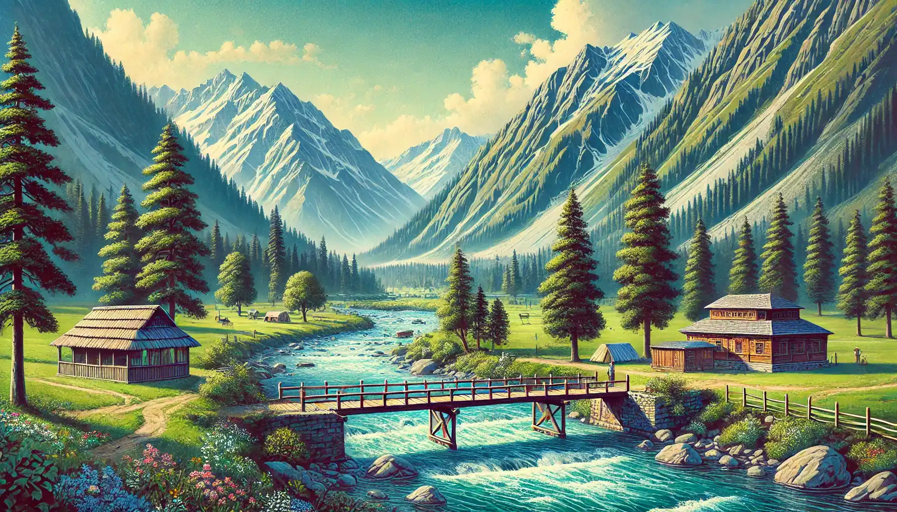 A scenic depiction of Kalam Valley, known for its lush green landscapes, majestic mountains, and serene rivers in Pakistan.