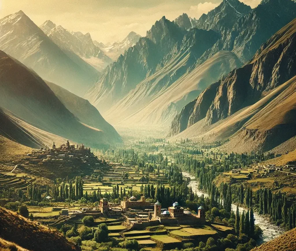 A scenic view of Nagar Valley in northern Pakistan, featuring rugged mountain peaks, lush green valleys, and ancient settlements