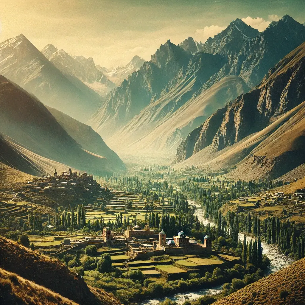 A scenic view of Nagar Valley in northern Pakistan, featuring rugged mountain peaks, lush green valleys, and ancient settlements