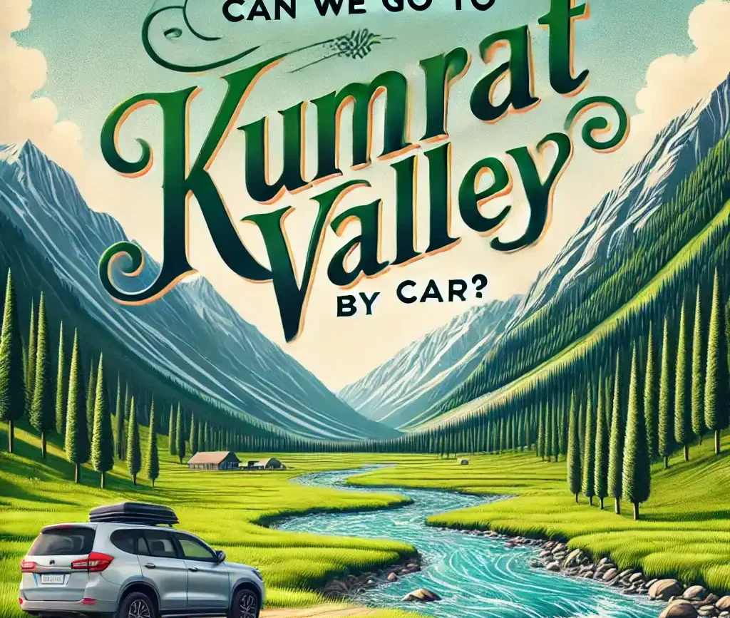 Can We Go to Kumrat Valley by Car?? A scenic mountainous landscape representing Kumrat Valley, with lush green meadows, a flowing river, and tall pine trees under a bright sky.