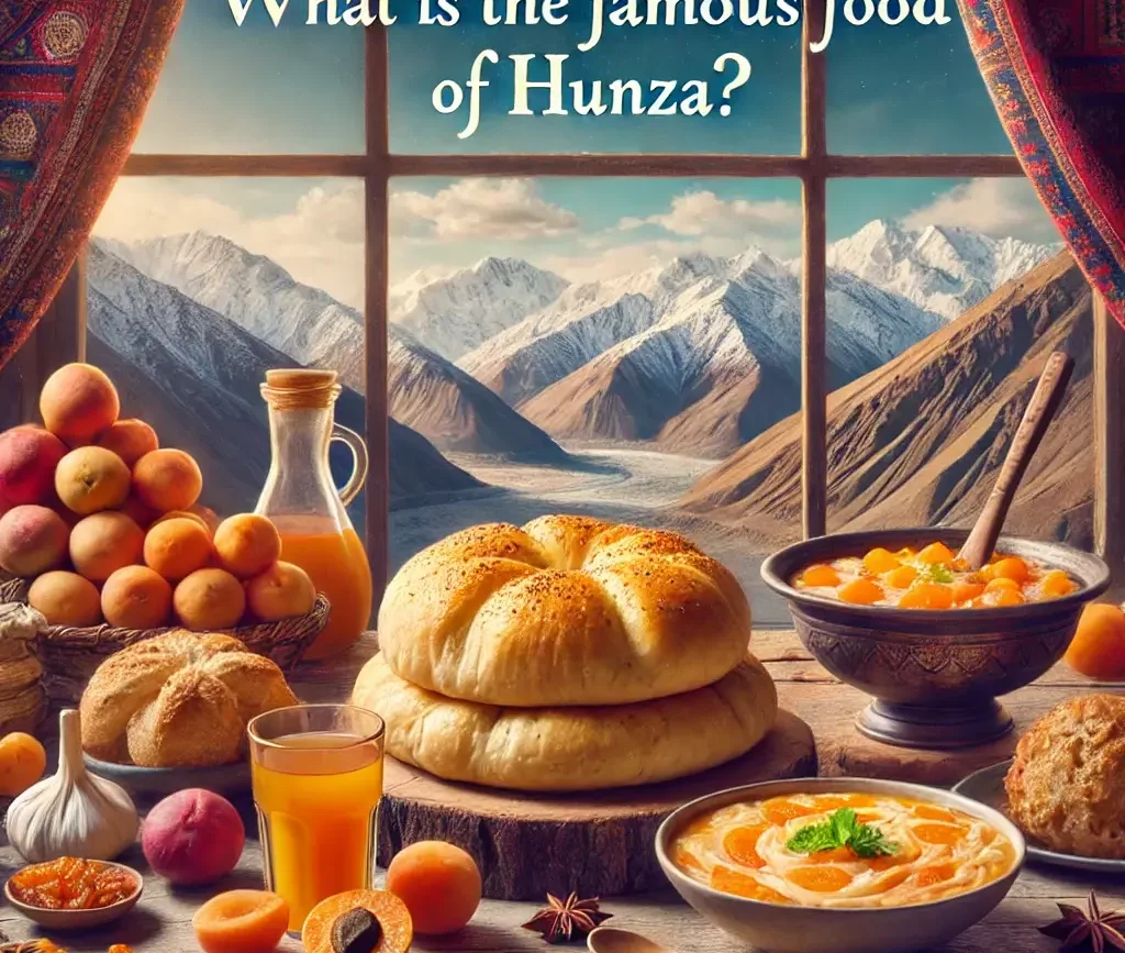 A visually appealing depiction of traditional Hunza cuisine, featuring dishes such as Chapshuro (a stuffed bread), Apricot soup, and organic dried